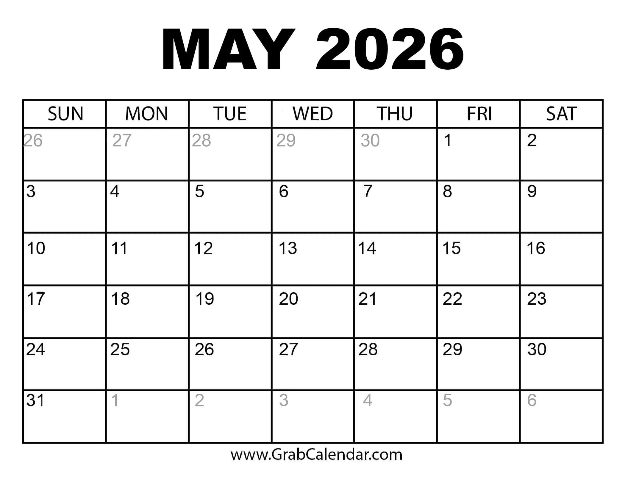Printable May 2026 Calendar