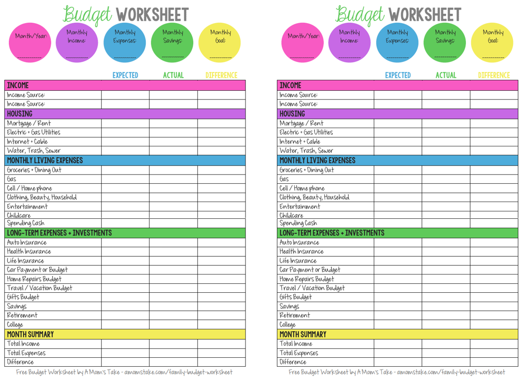 Free Printable Budget Worksheets Household
