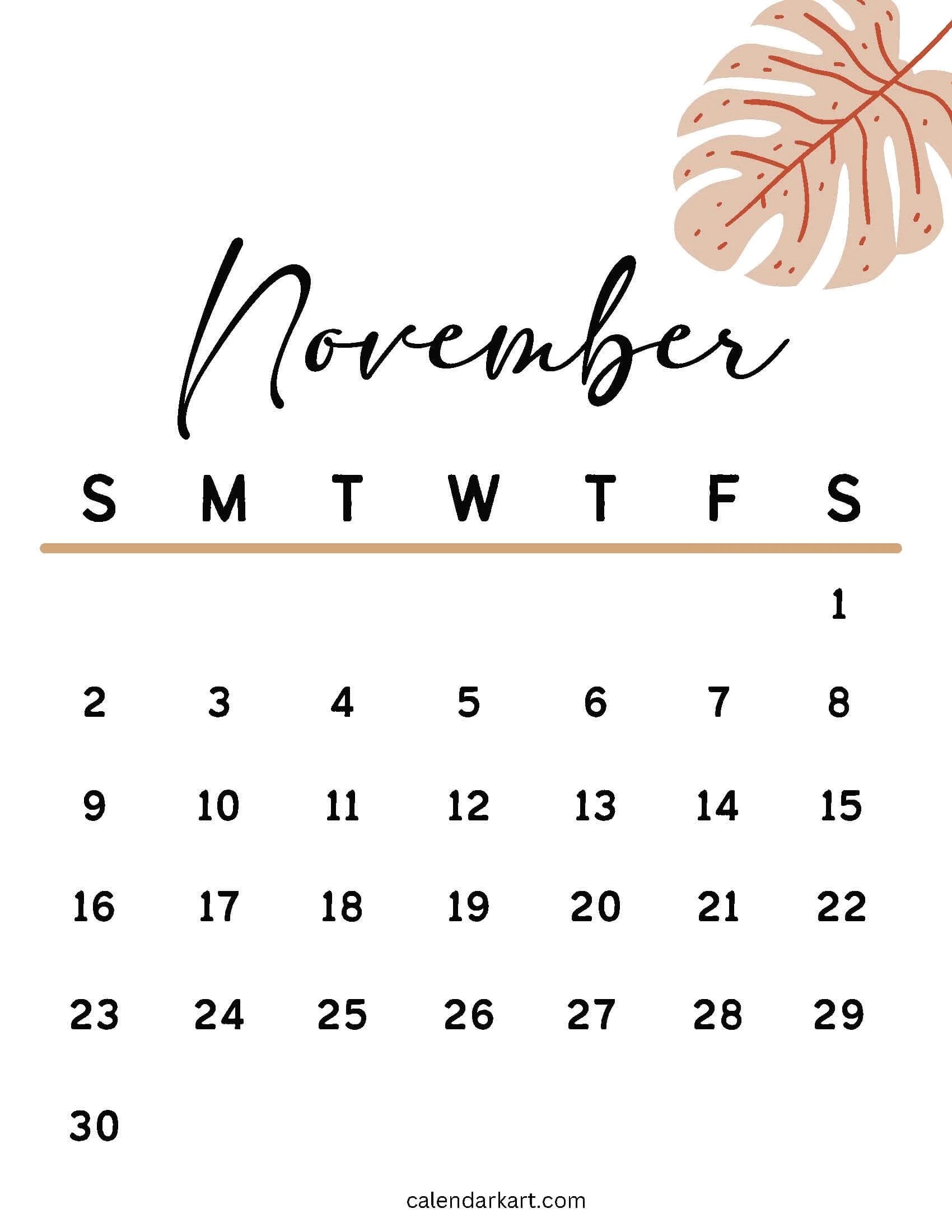 Cute November Printable Monthly Calendars