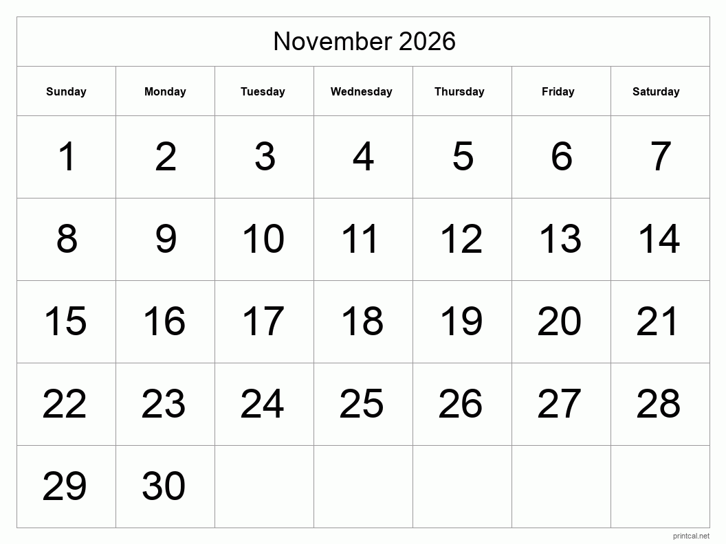 November 2026 Day Calendar Printable
