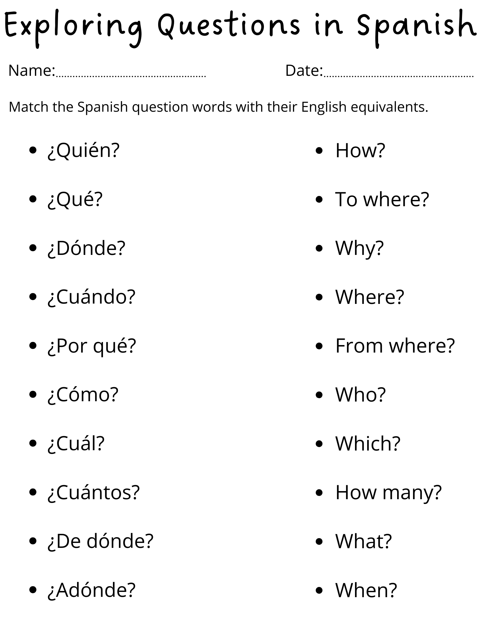 Printable Spanish Question Words Worksheet For Kids Teaching 