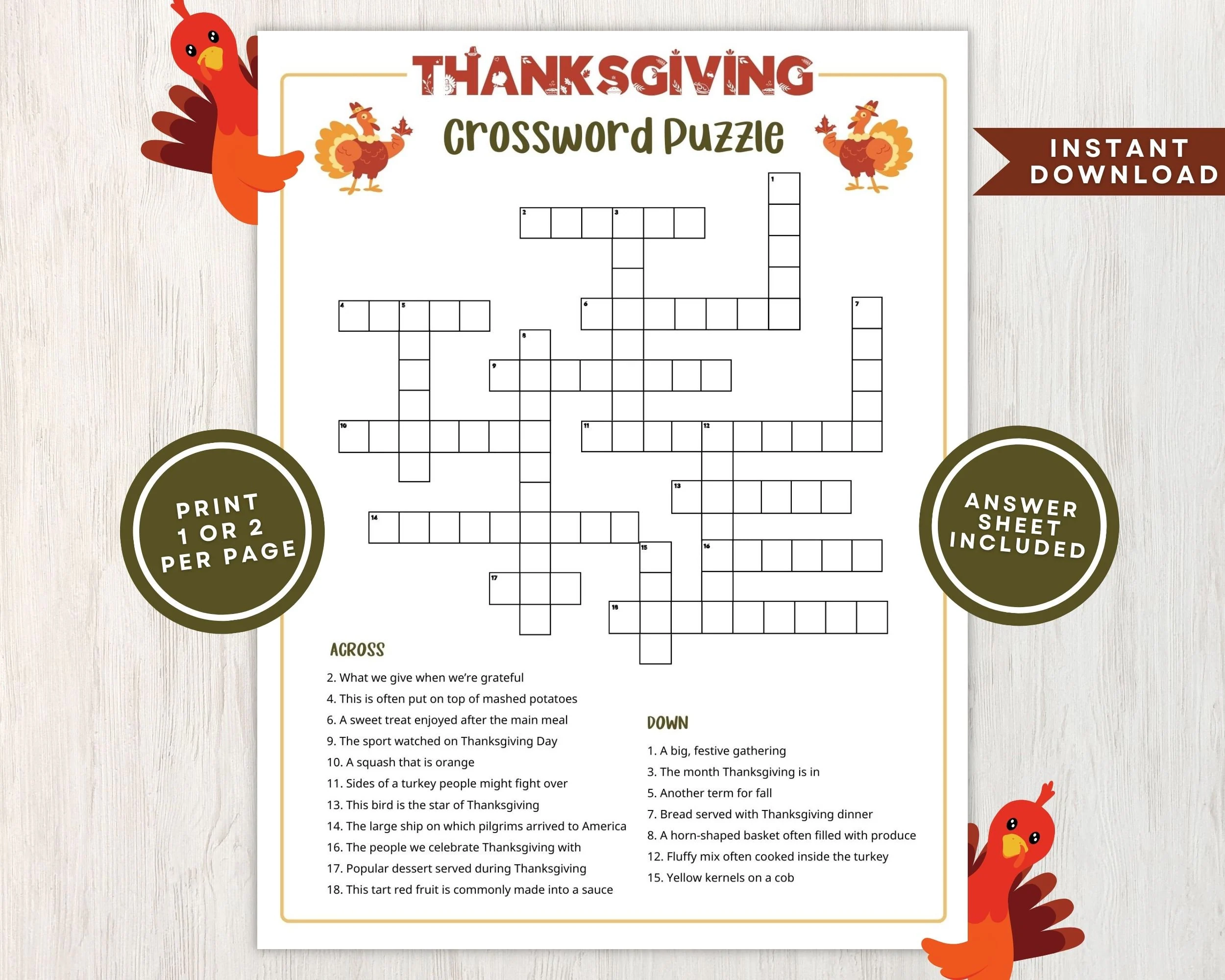 Thanksgiving Crossword Puzzles Printable