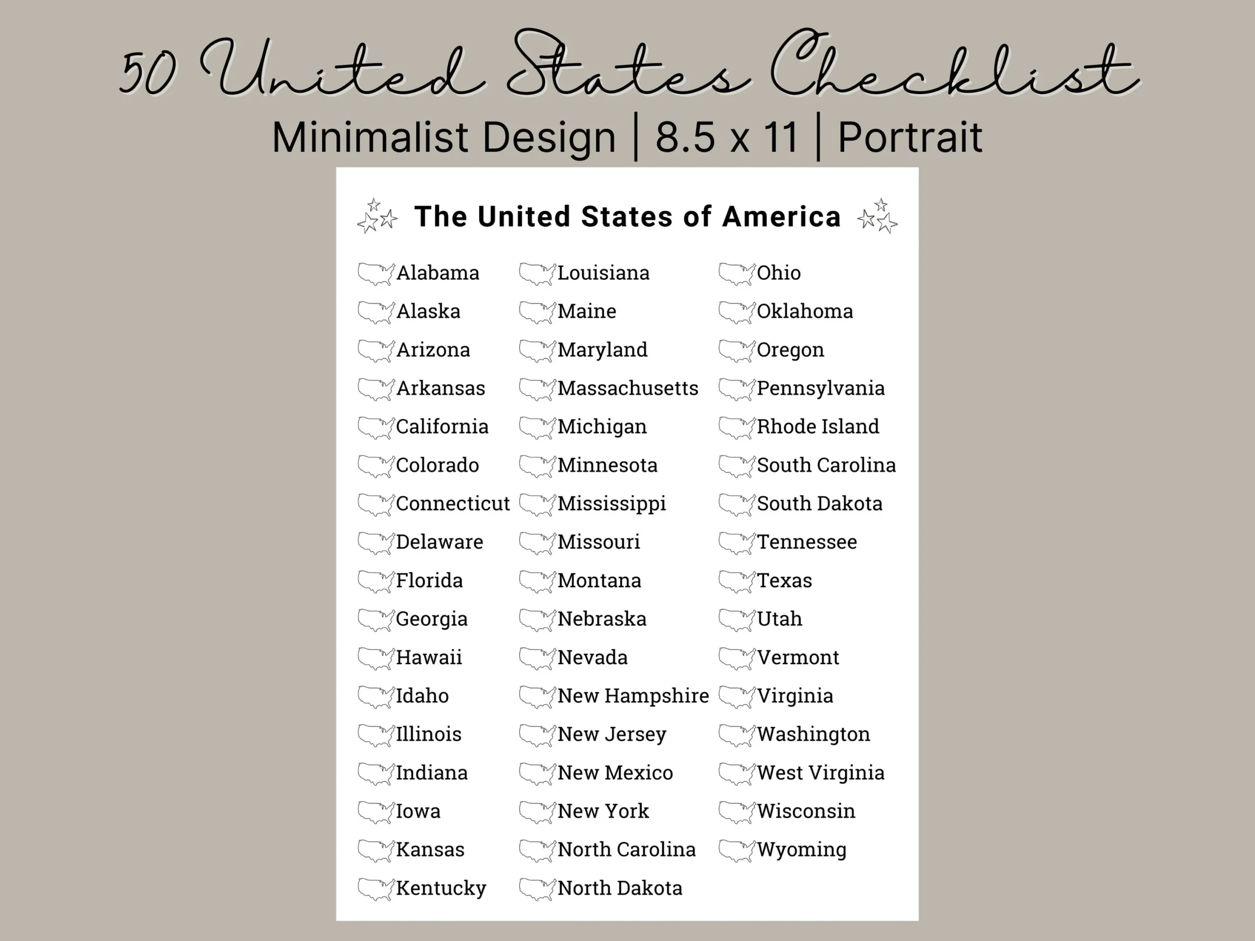 Printable US States Checklist Travel Bucket List digital 