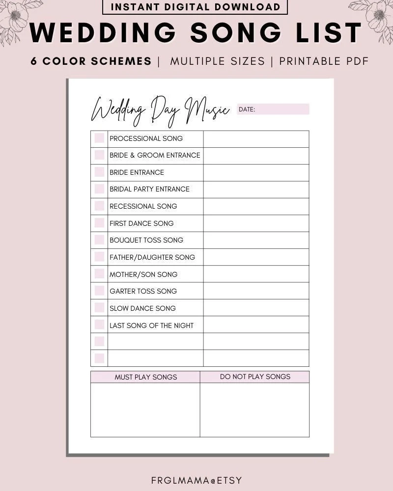 Printable Wedding Song List DJ Questionnaire Processional Songs 