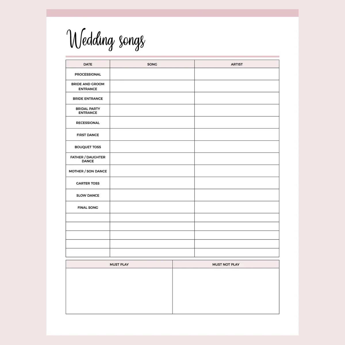 Printable Wedding Song Planner Instant Download PDF A4 amp US 