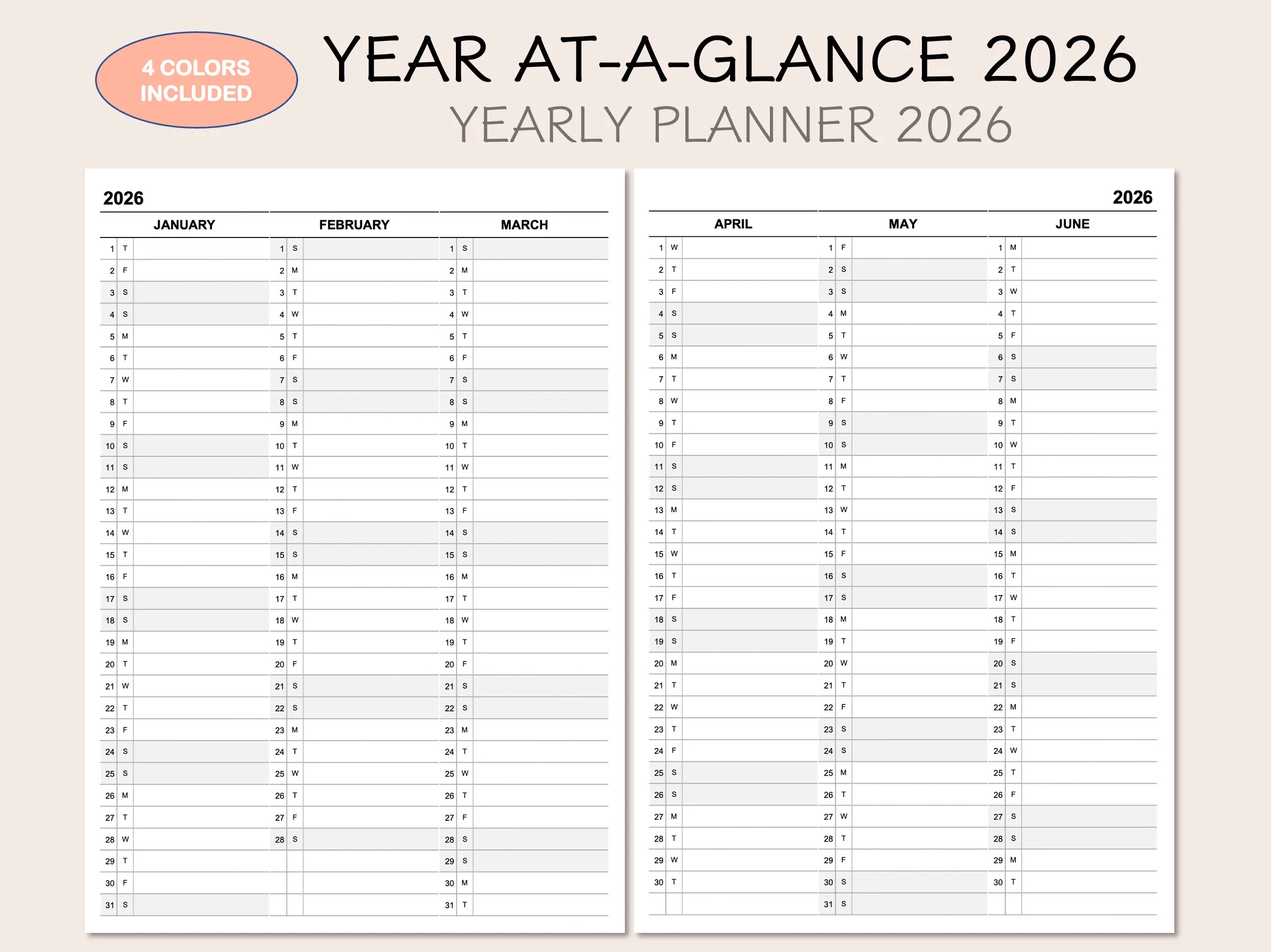 Blank 2026 Yearly Calendar Printable