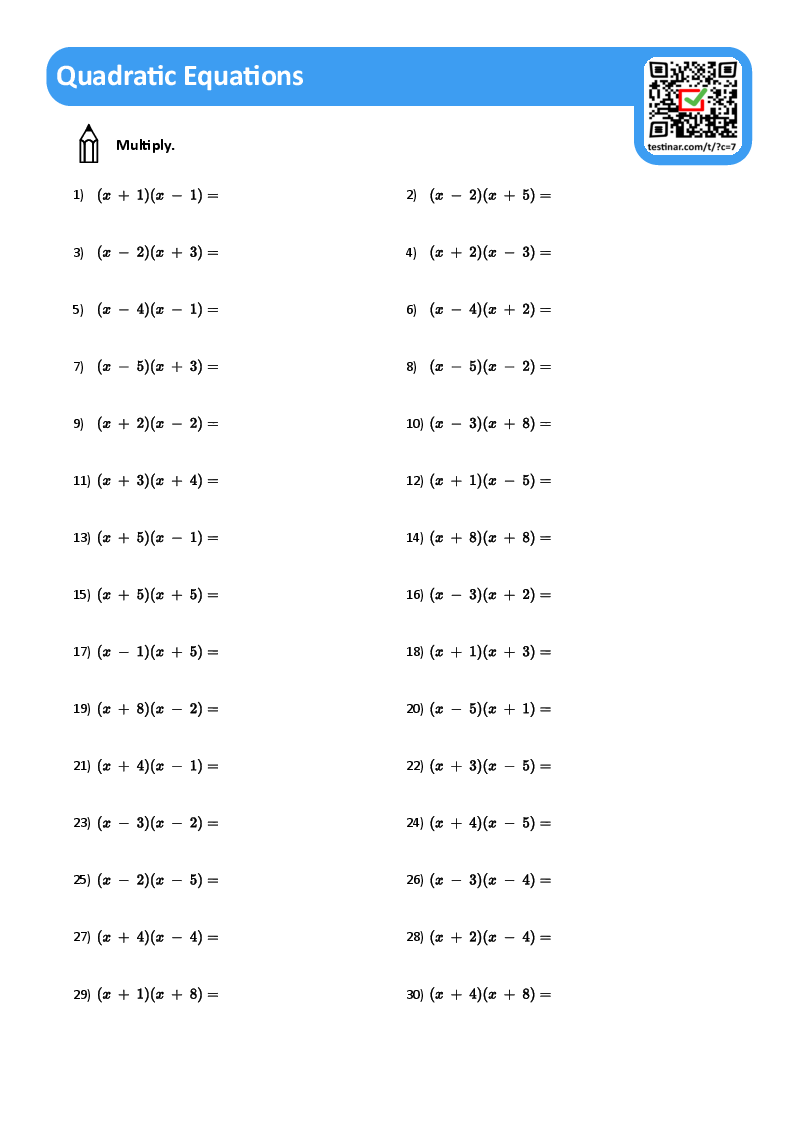 Quadratic Equations Worksheets