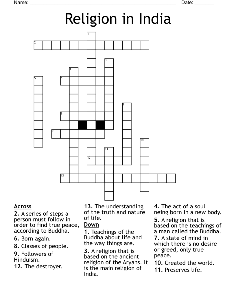 Religion Based Crossword Printable