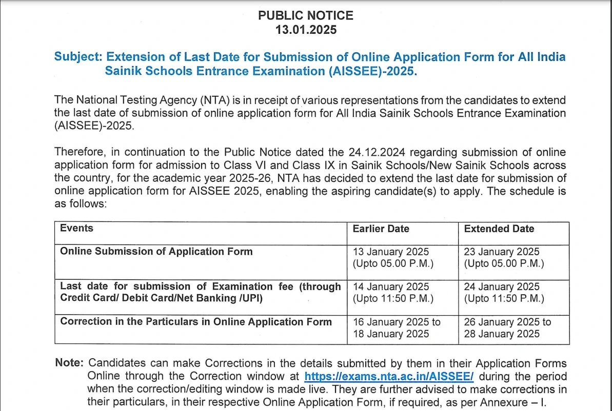 Sainik School Entrance Form 2025