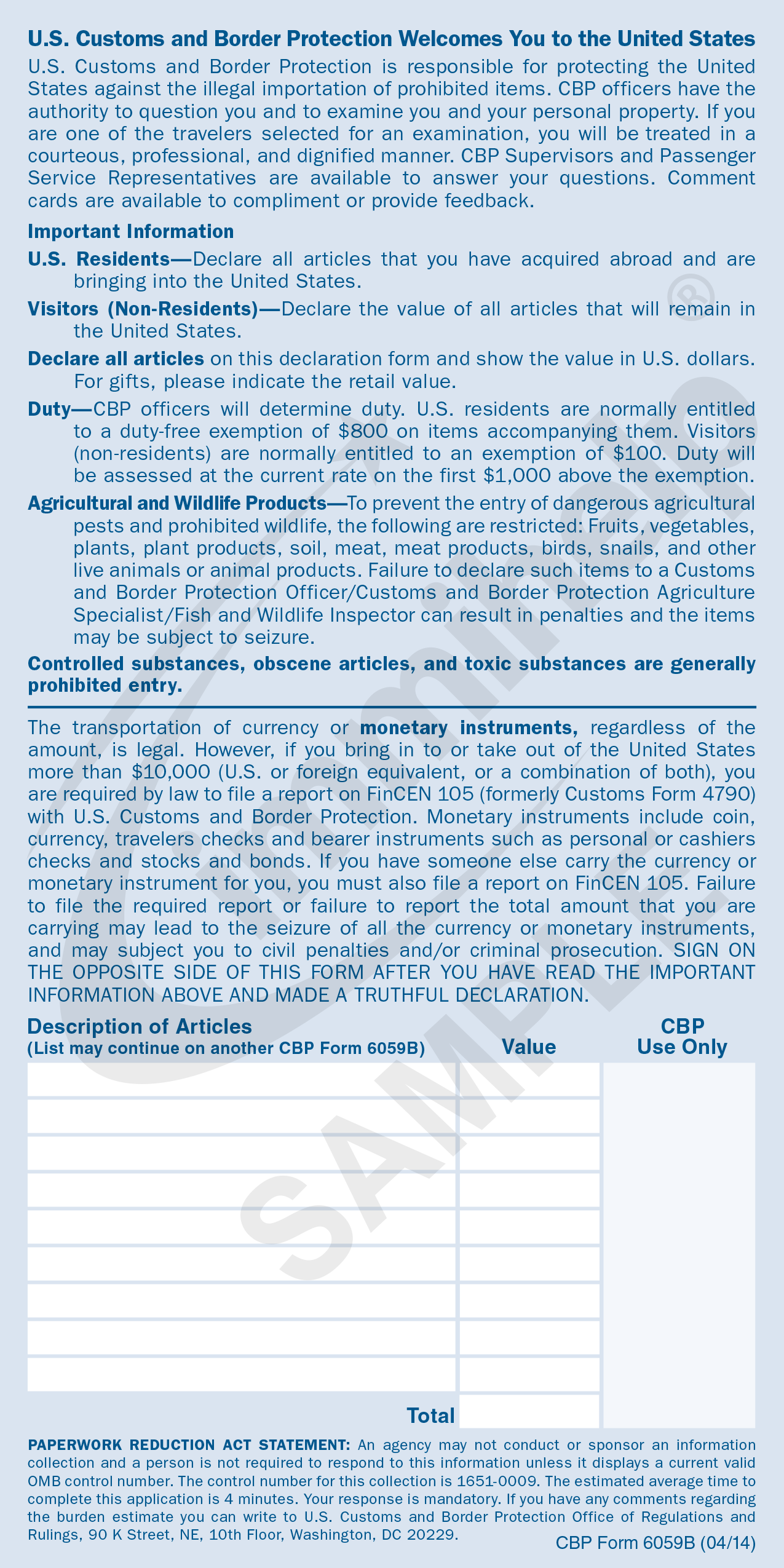 Us Customs Form 6059b Printable
