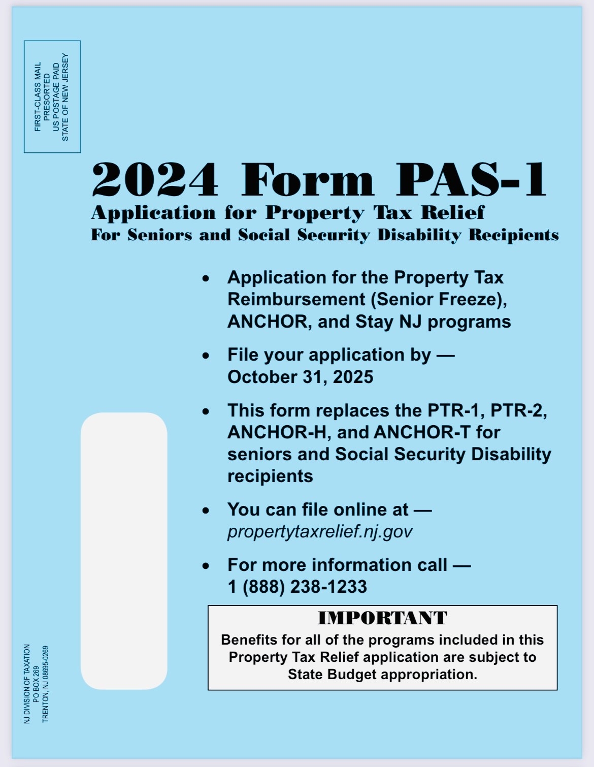 Sandyston Township NJ 2025 PAS Property Tax Relief Information 