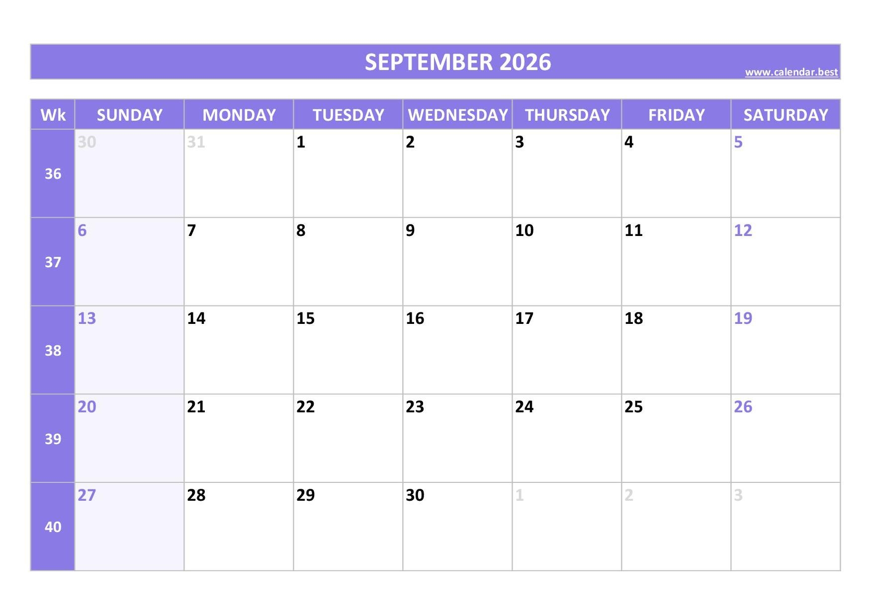 Blank Calendar 2026 September Printable