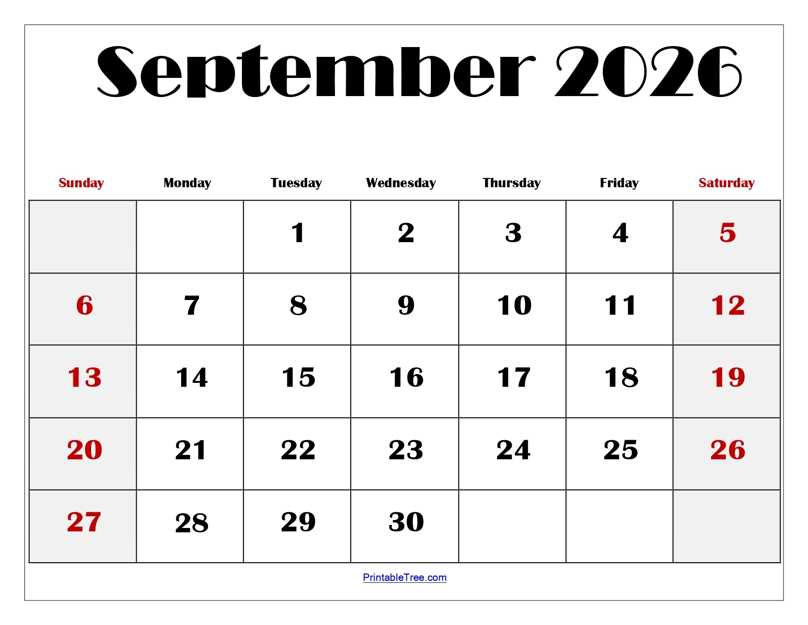 September Printable Calendar 2026 Blank