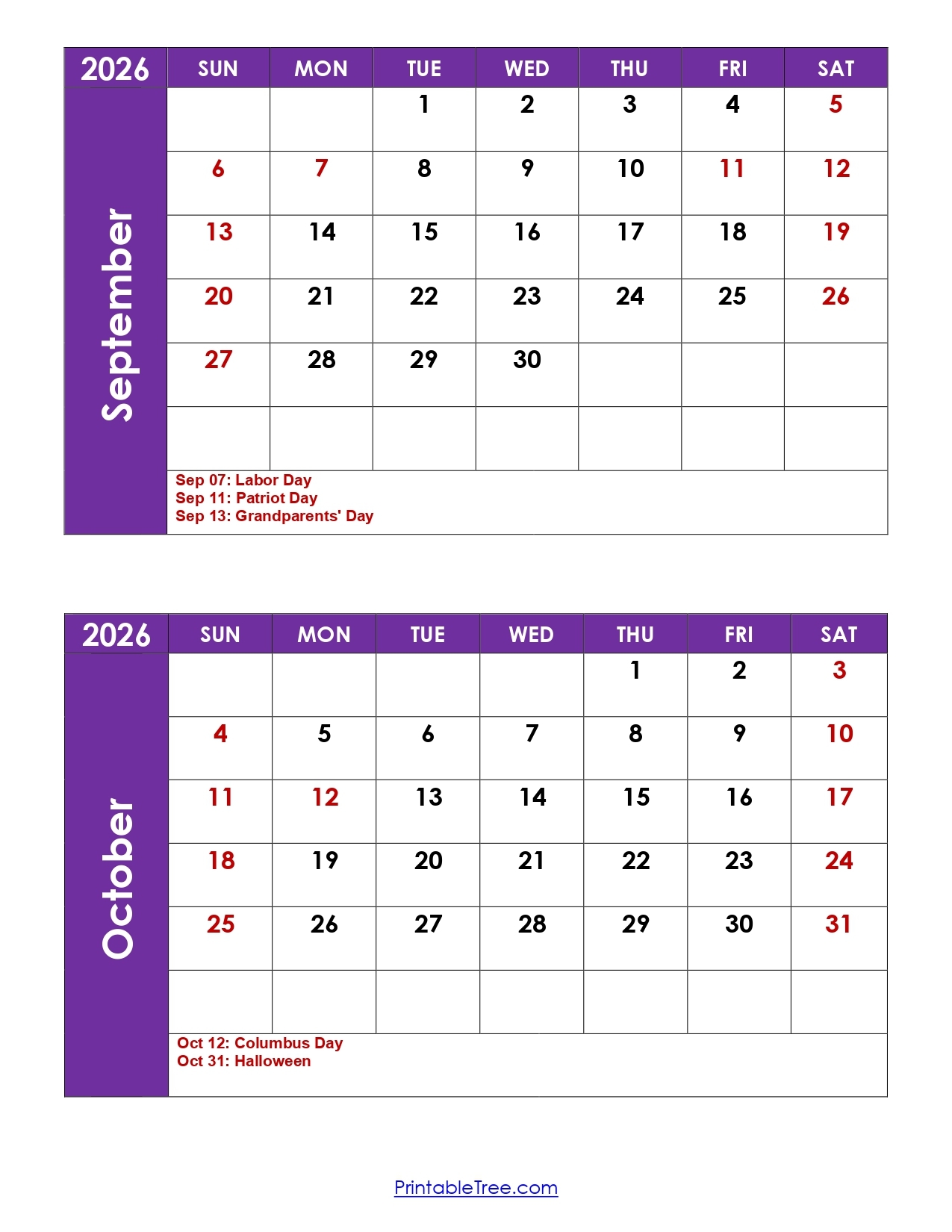 Blank September And October 2026 Calendar Printable Free