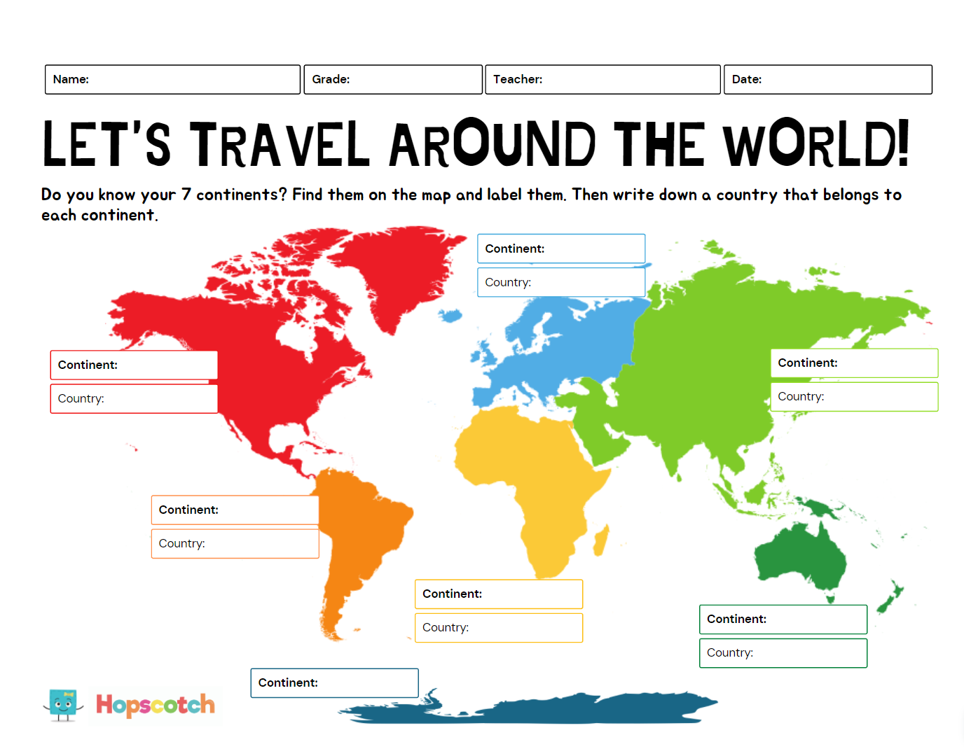 Seven Continents Printable Hopscotch Worksheets Library