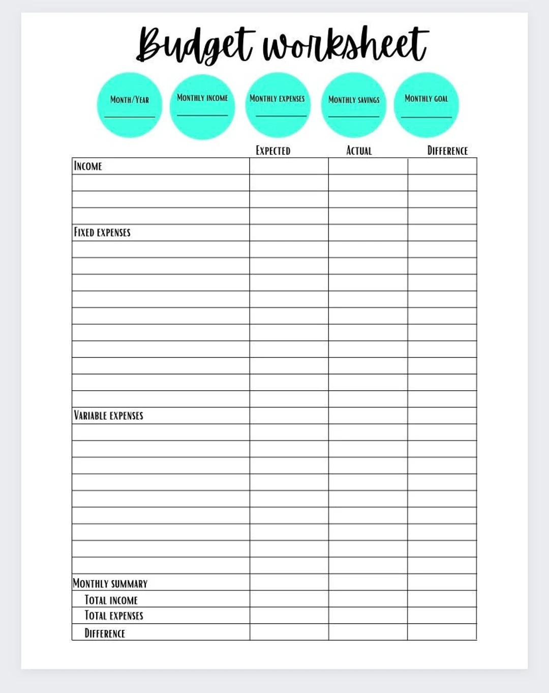 Budget Worksheets Printable Simple
