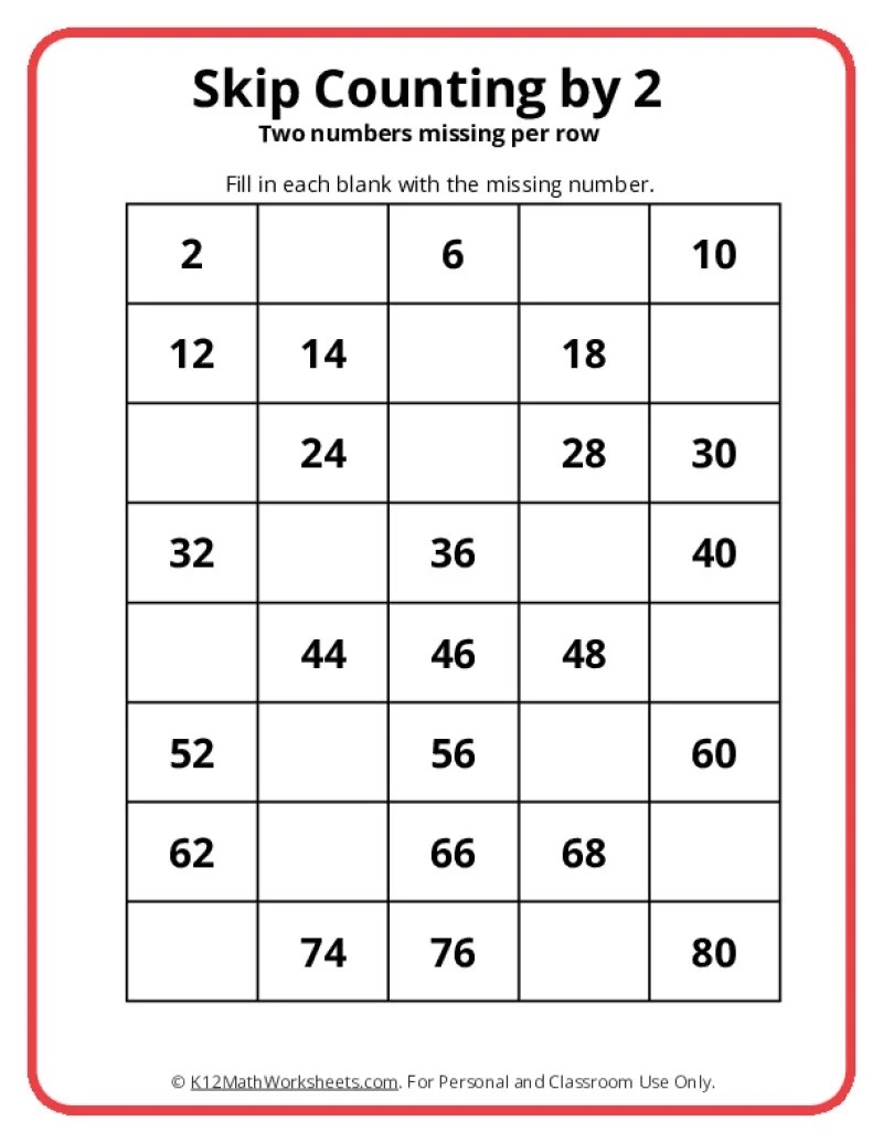 Free Printable Skip Counting By 2 Worksheets