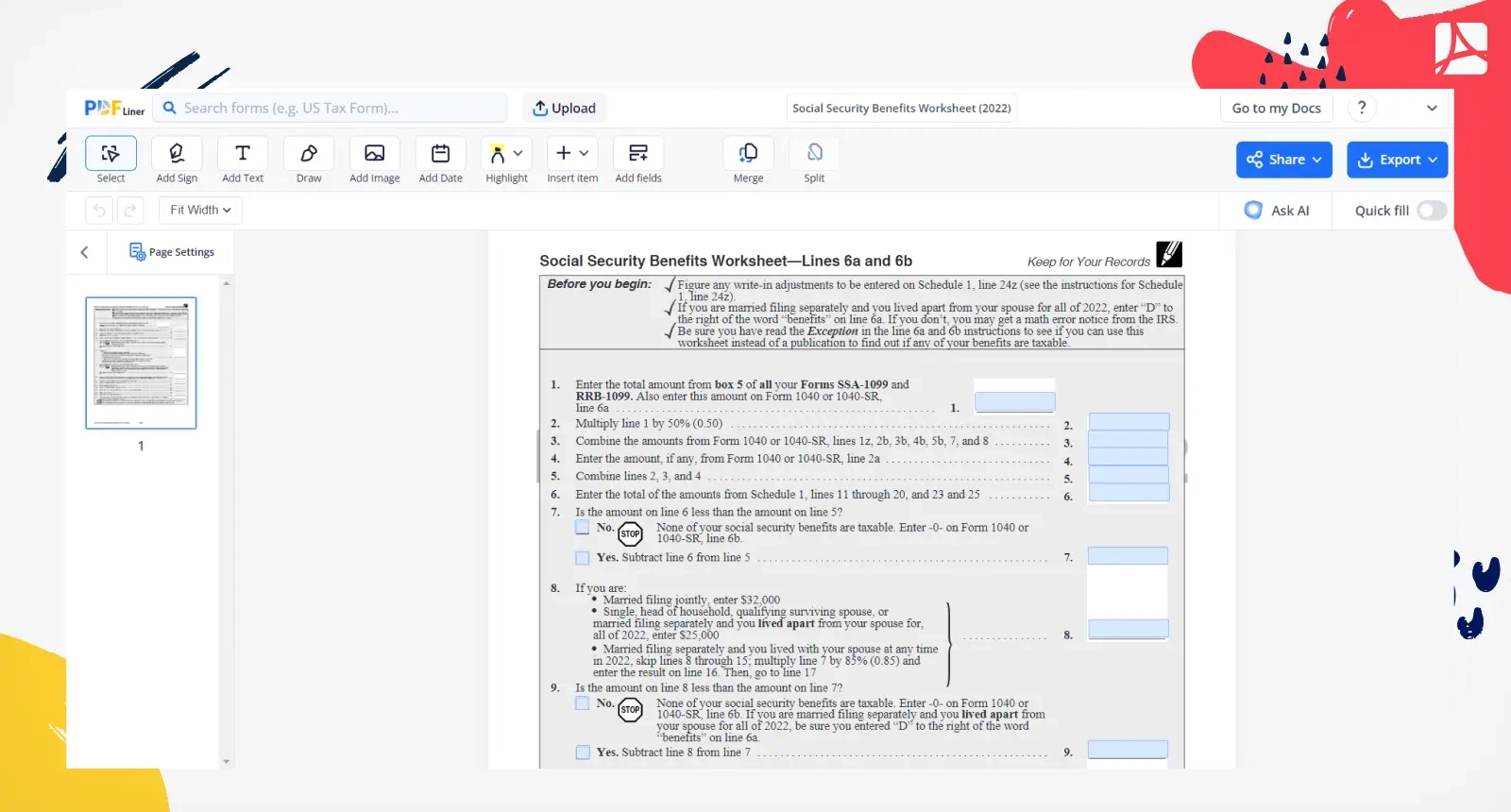 Social Security Benefits Worksheet 2023 PDFliner