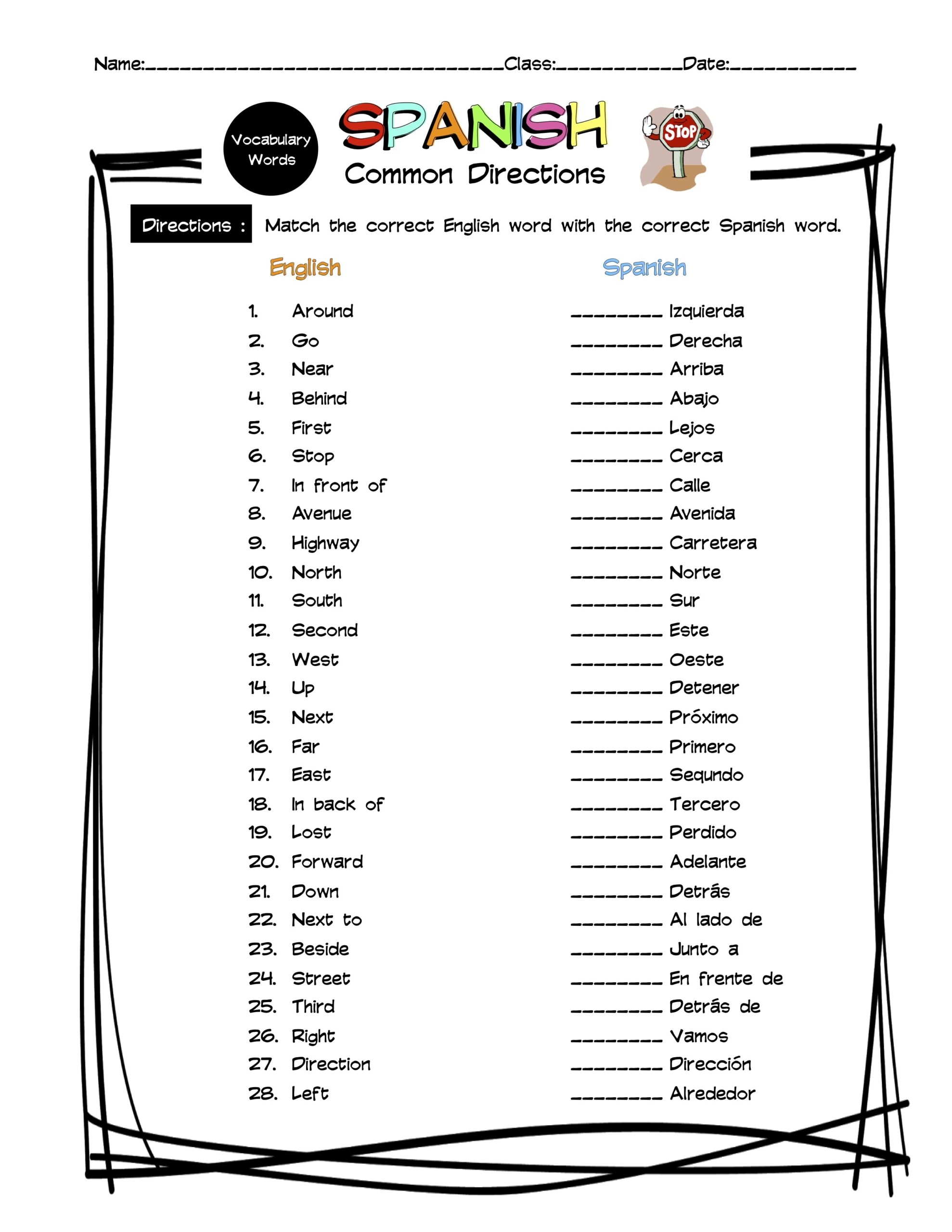 Spanish Common Directions Vocabulary Matching Worksheet amp Answer 