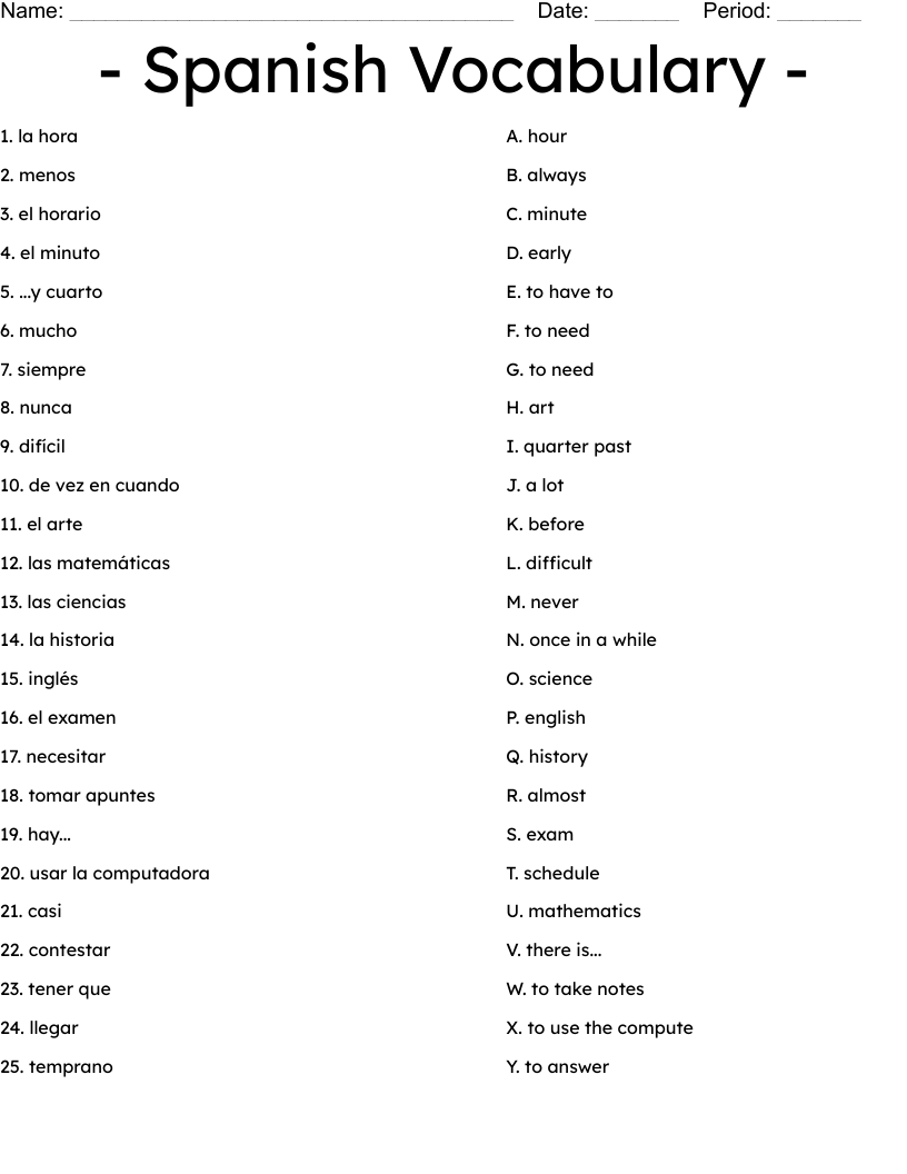 Spanish Vocabulary Worksheet WordMint