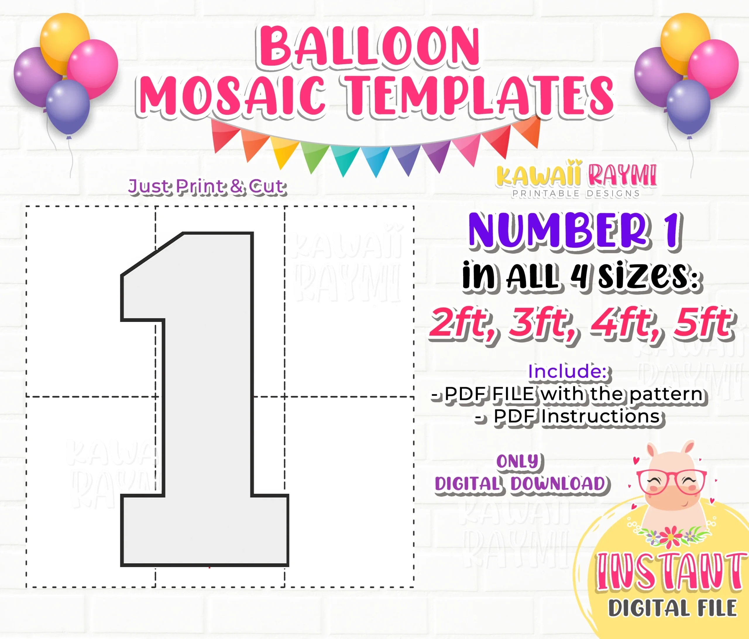 SQUARE Number 1 Balloon Mosaic Template One Mosaic Number 