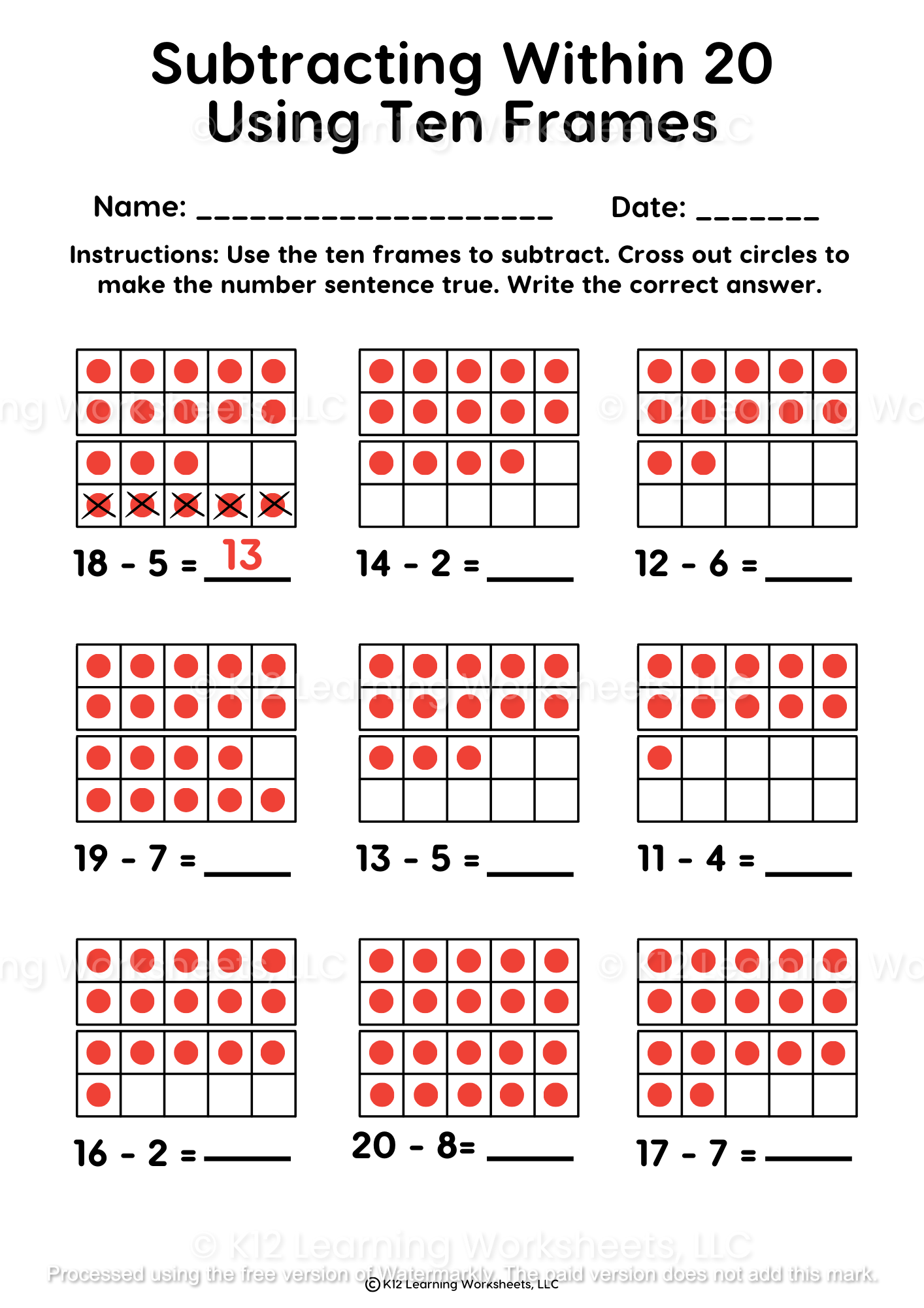 Subtracting Within 20 Using Ten Frames K12 Learning Worksheets 