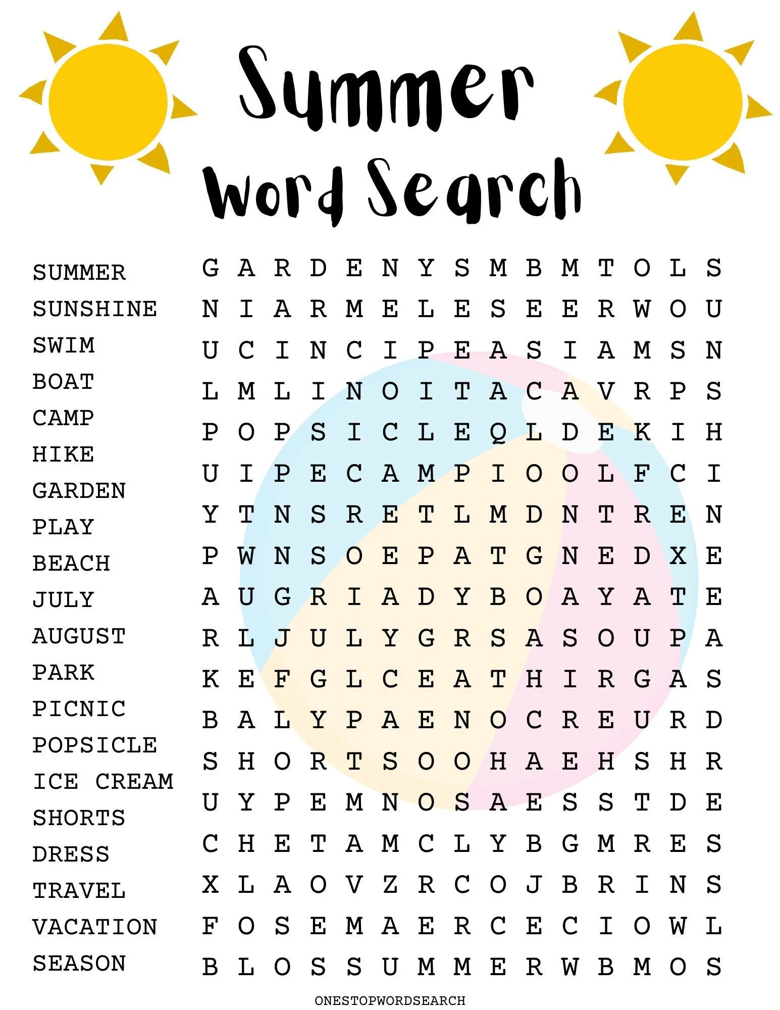 Printable Summer Word Search Puzzles