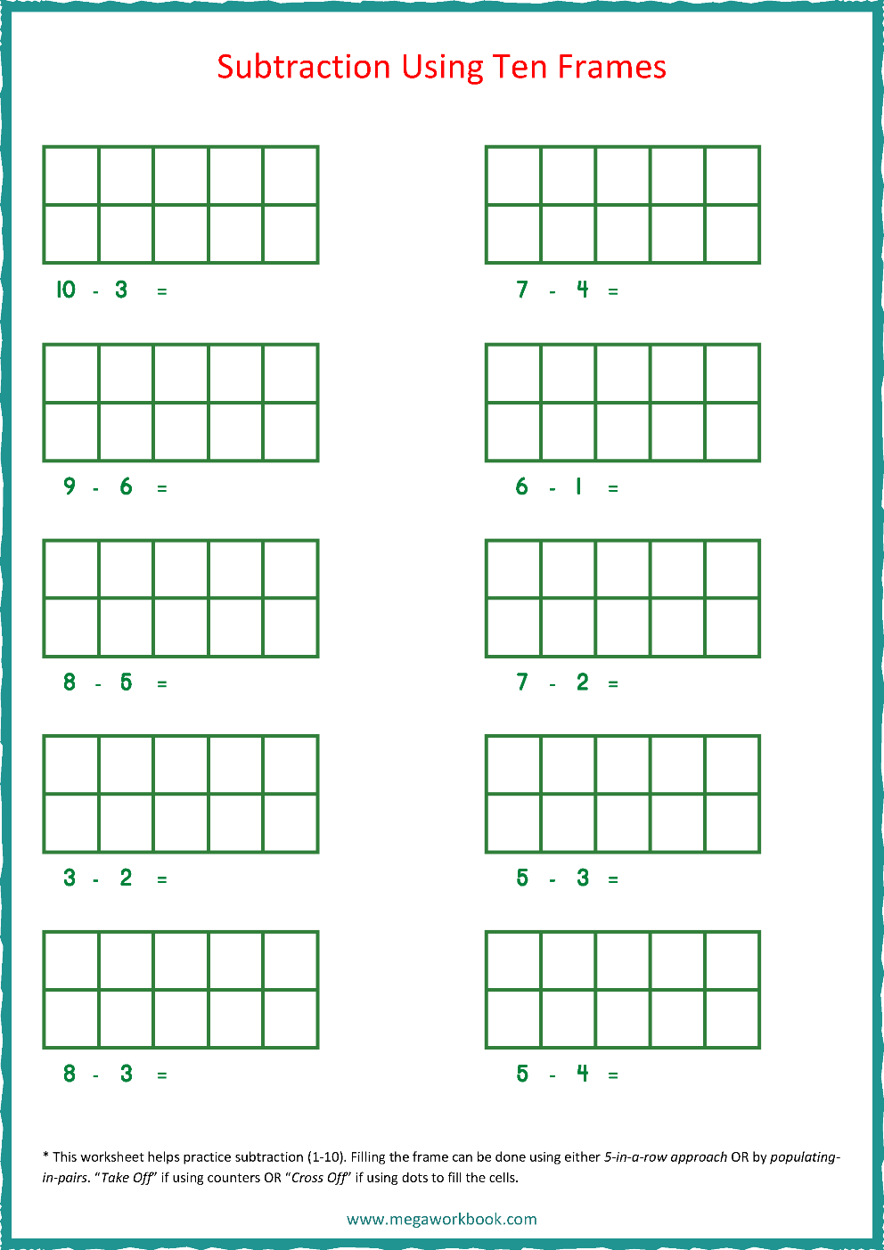 Free Printable Subtraction Using Ten Frames Worksheets