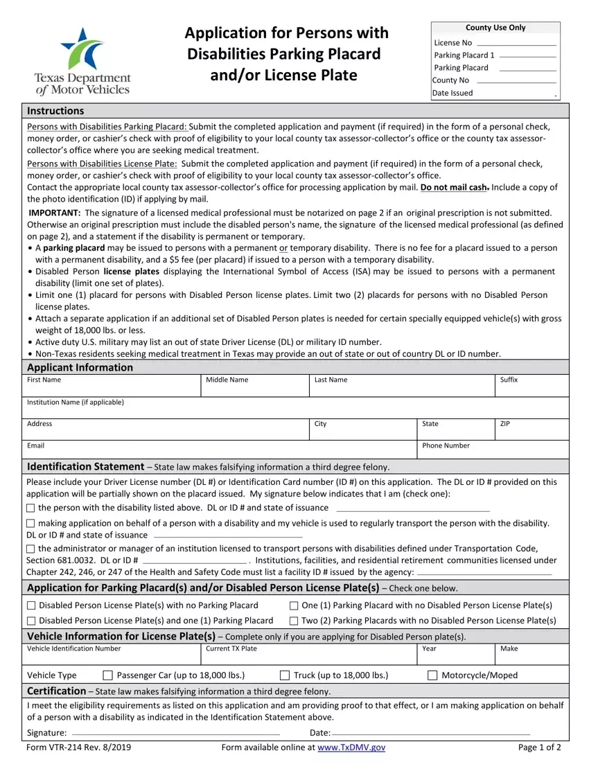 Texas VTR 214 Parking Form Fill Out Printable PDF Online