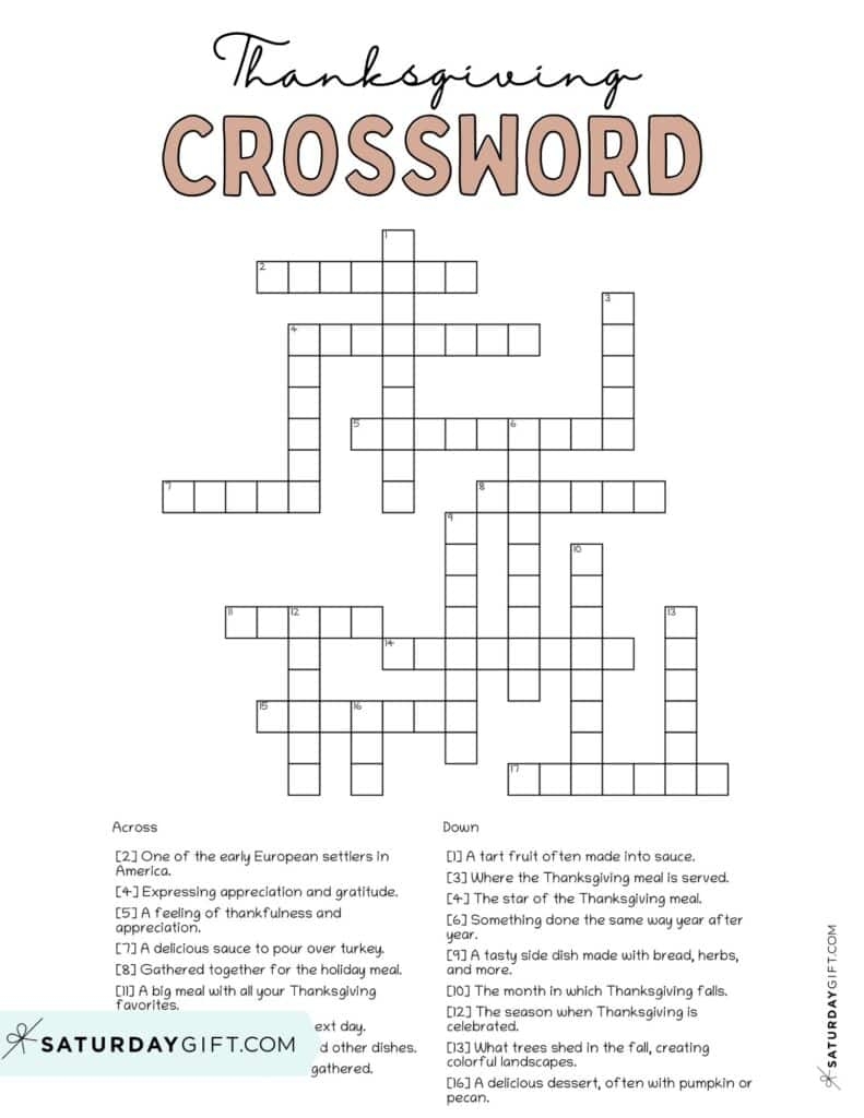 Thanksgiving Crossword Puzzle Cute amp Free Printable SaturdayGift
