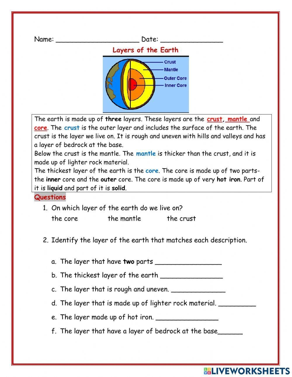 Free Printable Layers Of The Earth Worksheets