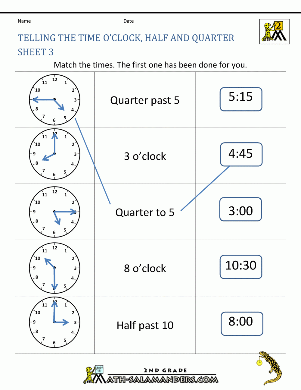 Printable Time Worksheets 2nd Grade