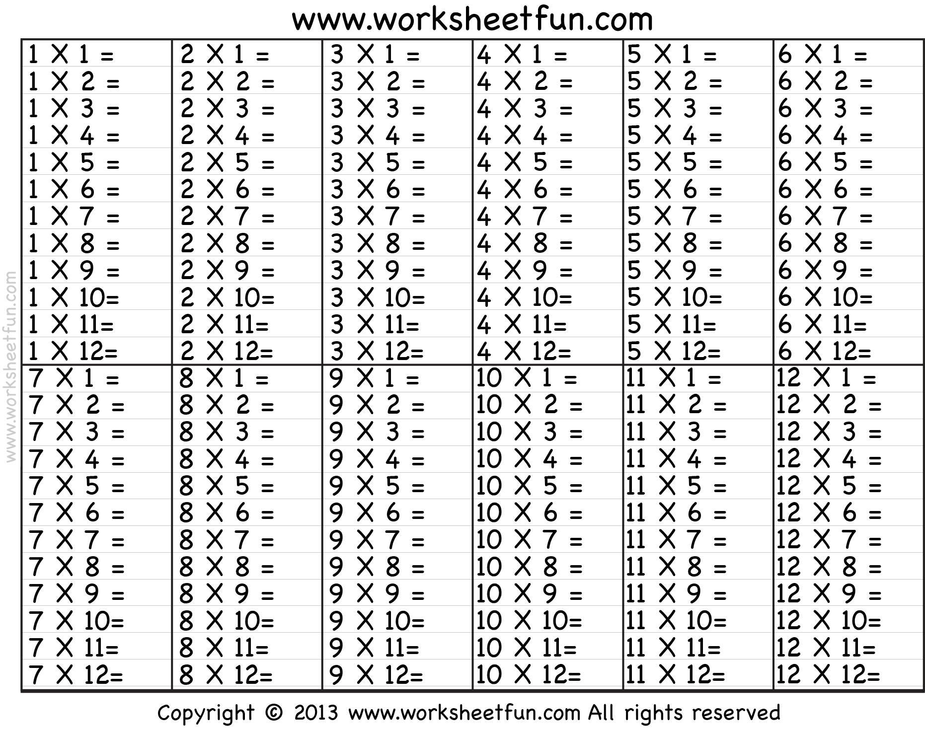 Multiplication Worksheets Printable 1-12
