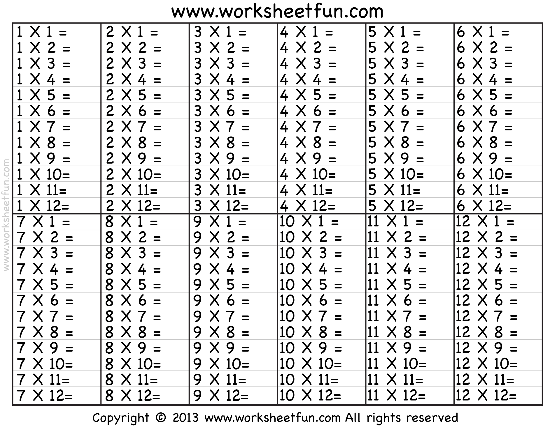 Free Printable Multiplication Table Worksheets