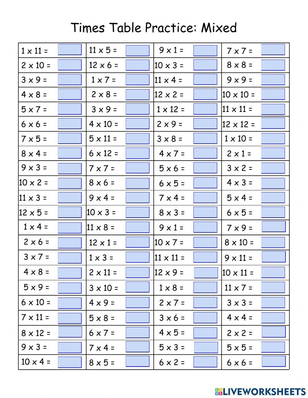 Printable Times Table Worksheets 1 12