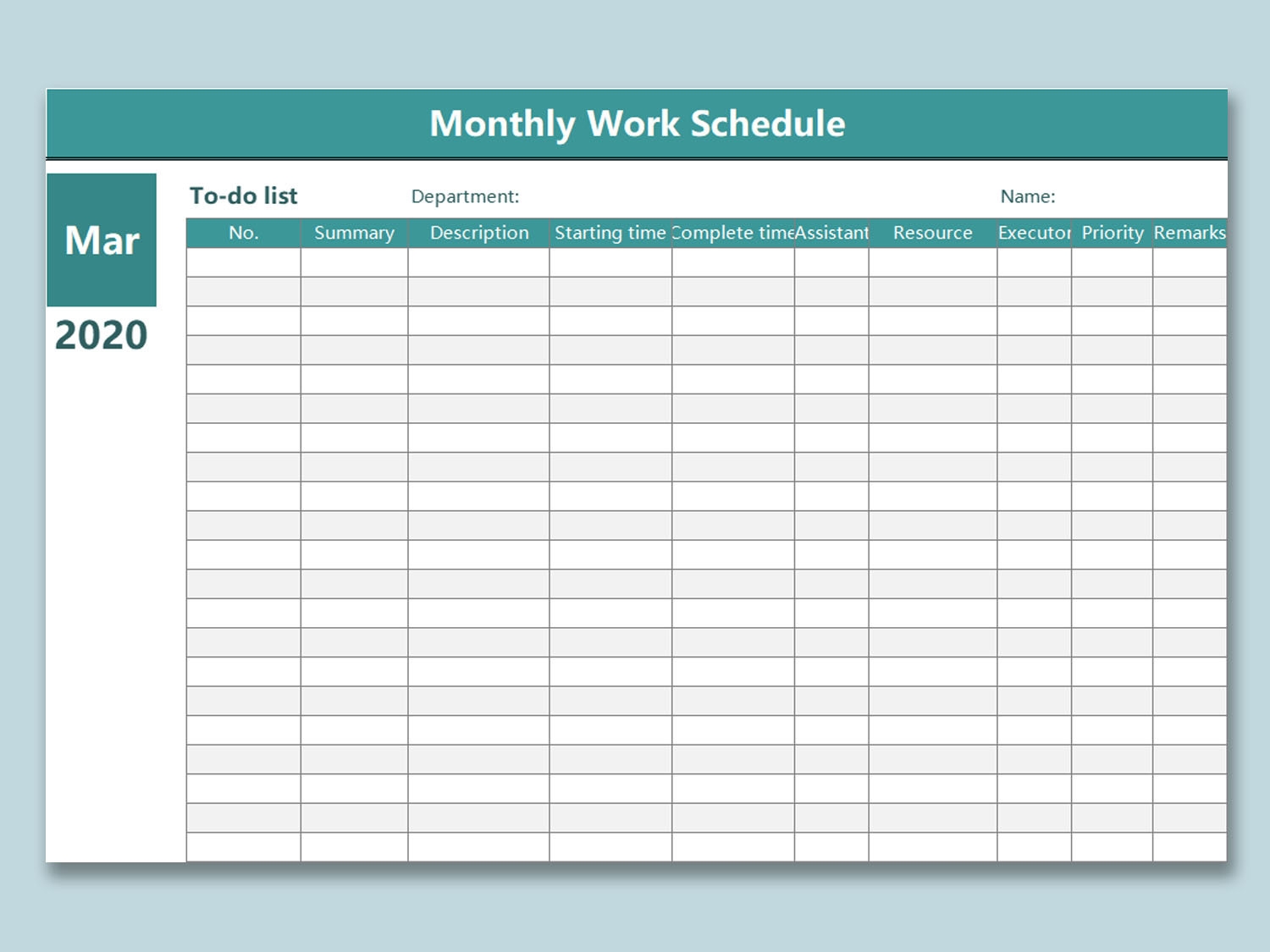 Printable Monthly Work Schedule Template