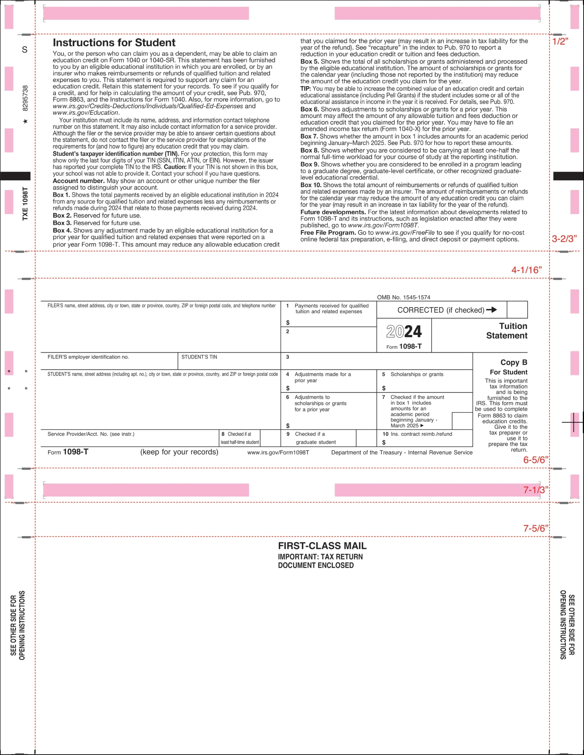 TXE 1098T 1098T Tuition Statement Printed Face Letter Z Fold Instr 