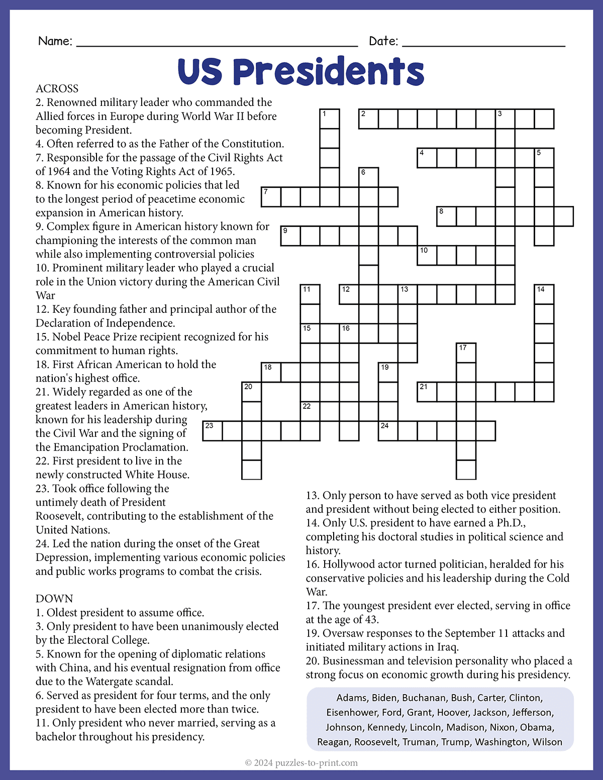 Free Printable Crossword Puzzles Usa Trivia