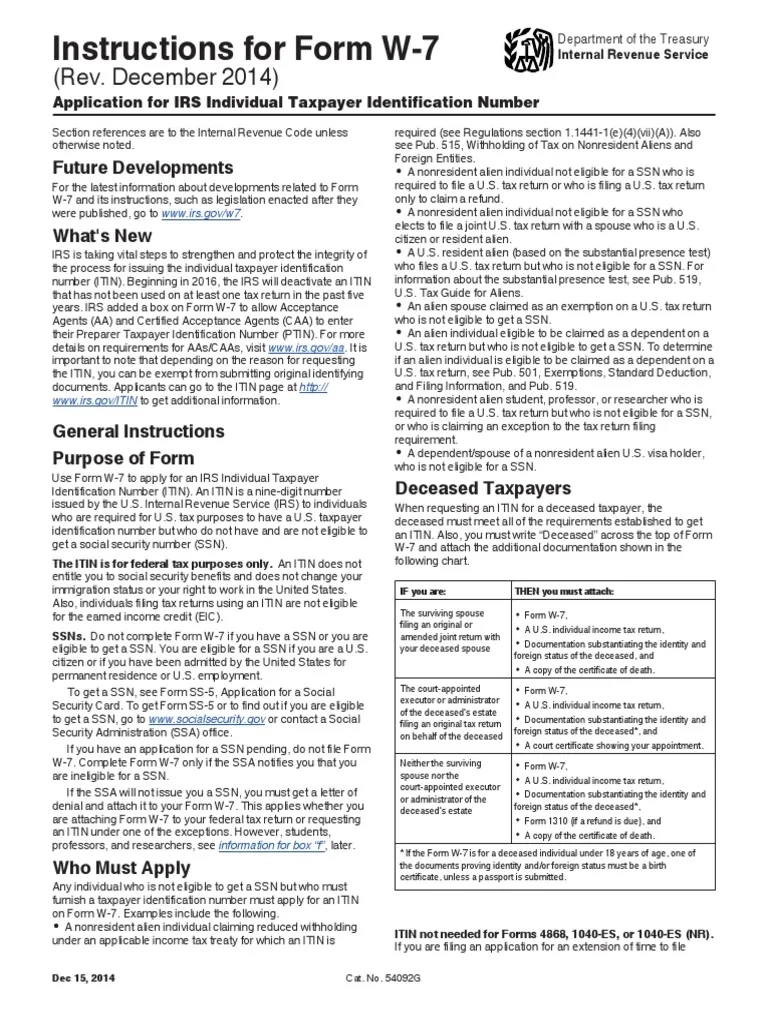 W7 Instructions PDF Withholding Tax Social Security Number