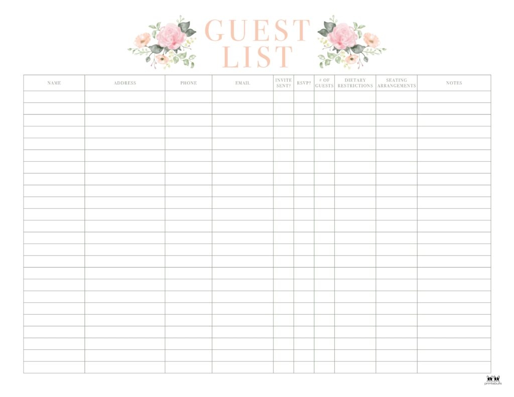 Printable Wedding Guest List Template
