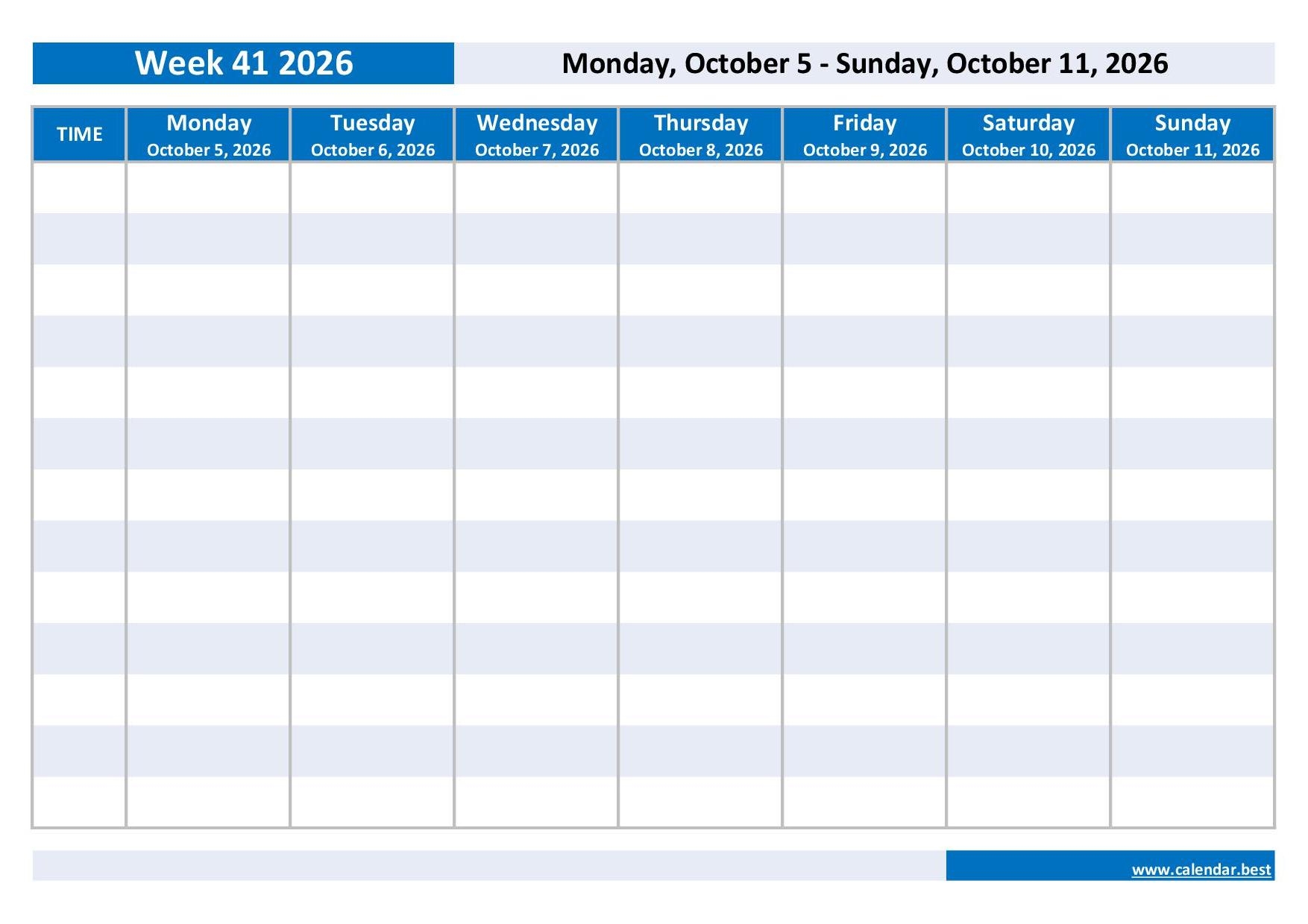 October 2026 Blank Calendar Monday-Friday