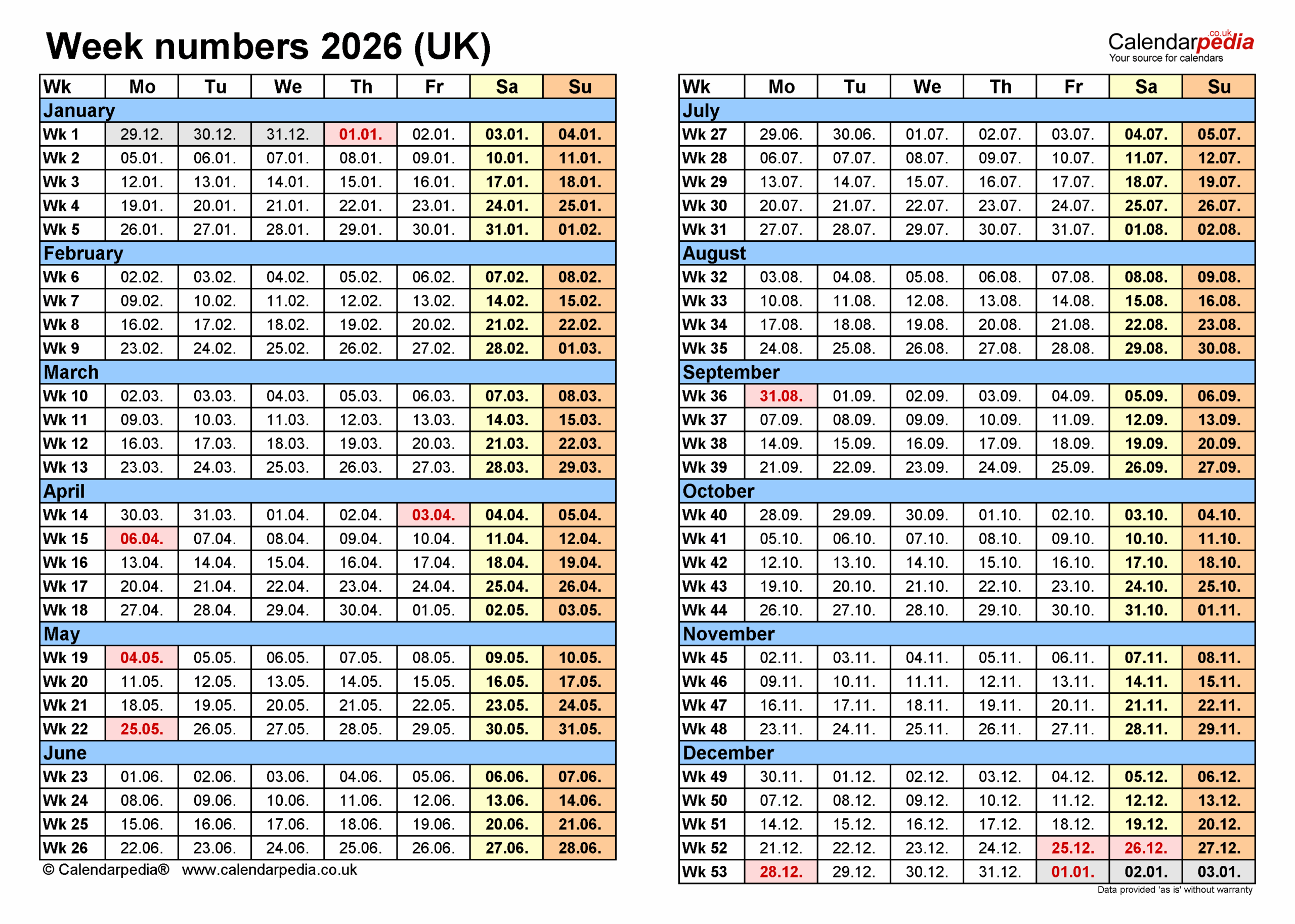 2026 Uk Calendar With Week Numbers