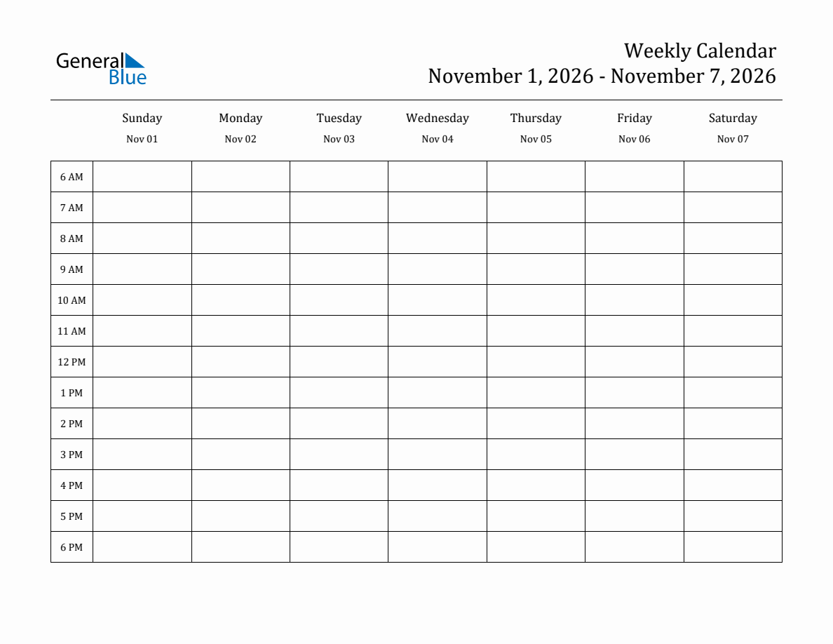November Weekly Calendar 2026 Printable