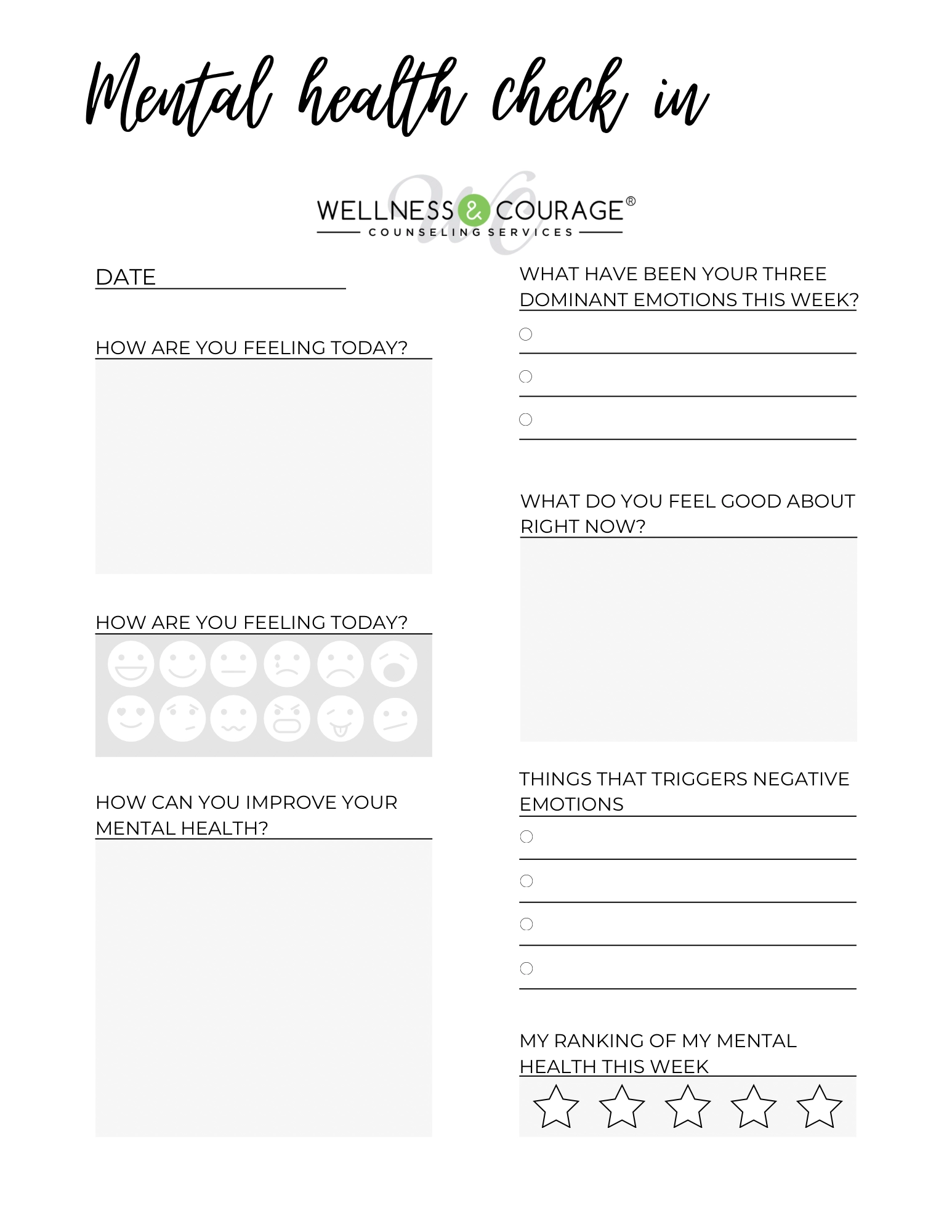 Mental Health Worksheets For Adults Printable