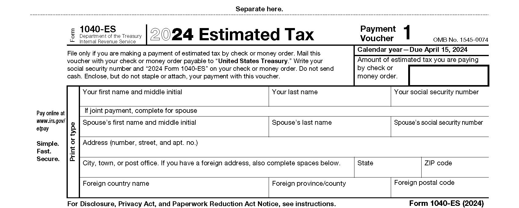 Form 1040-Es 2025 Printable