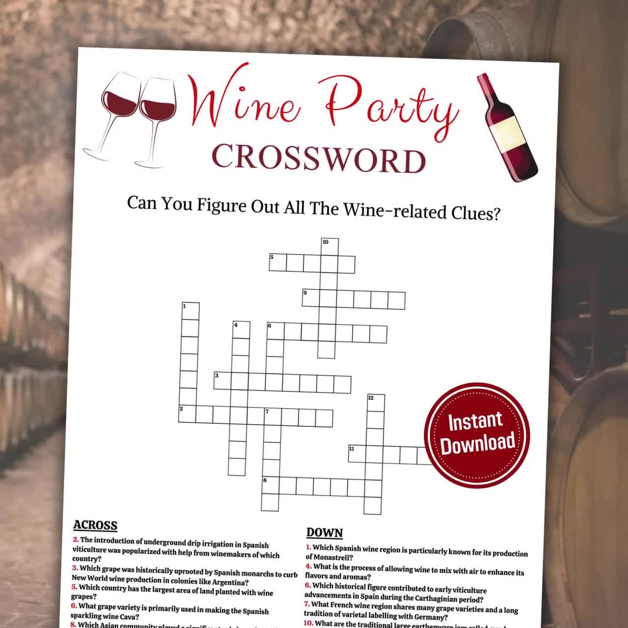 Wine Crossword Game Wine Crossword Puzzle Game Printable Wine Party Trivia Game Wine Word Game Wine Party Instant Download