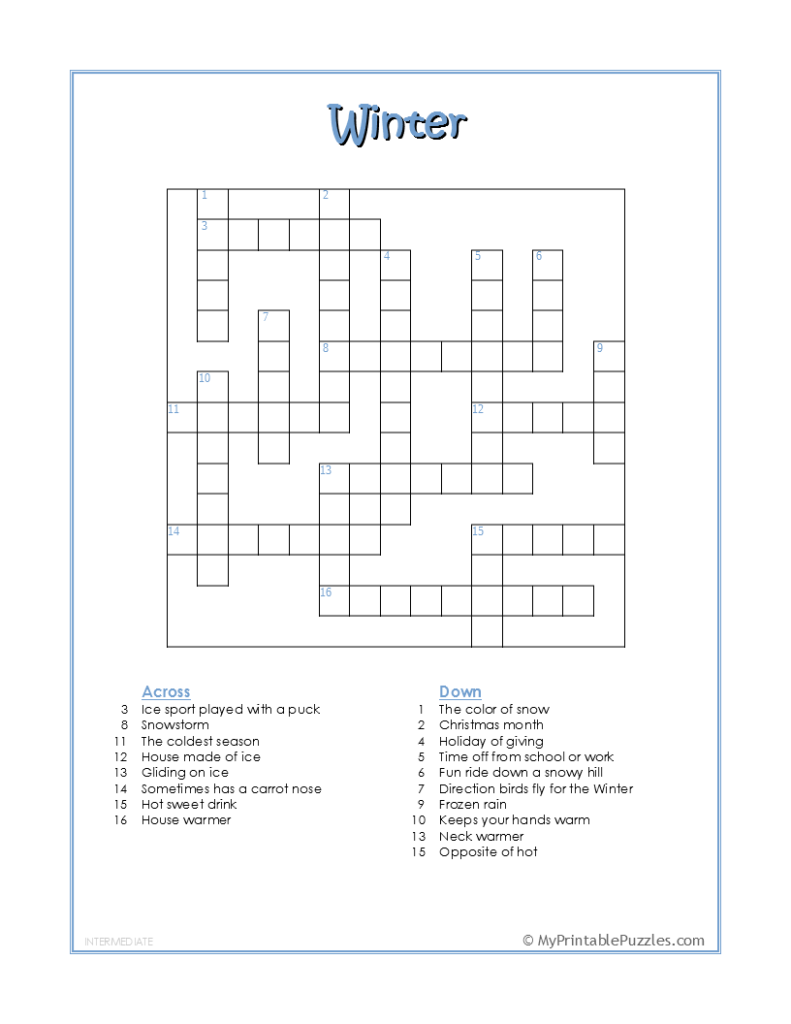 Printable Intermediate Crossword Puzzles