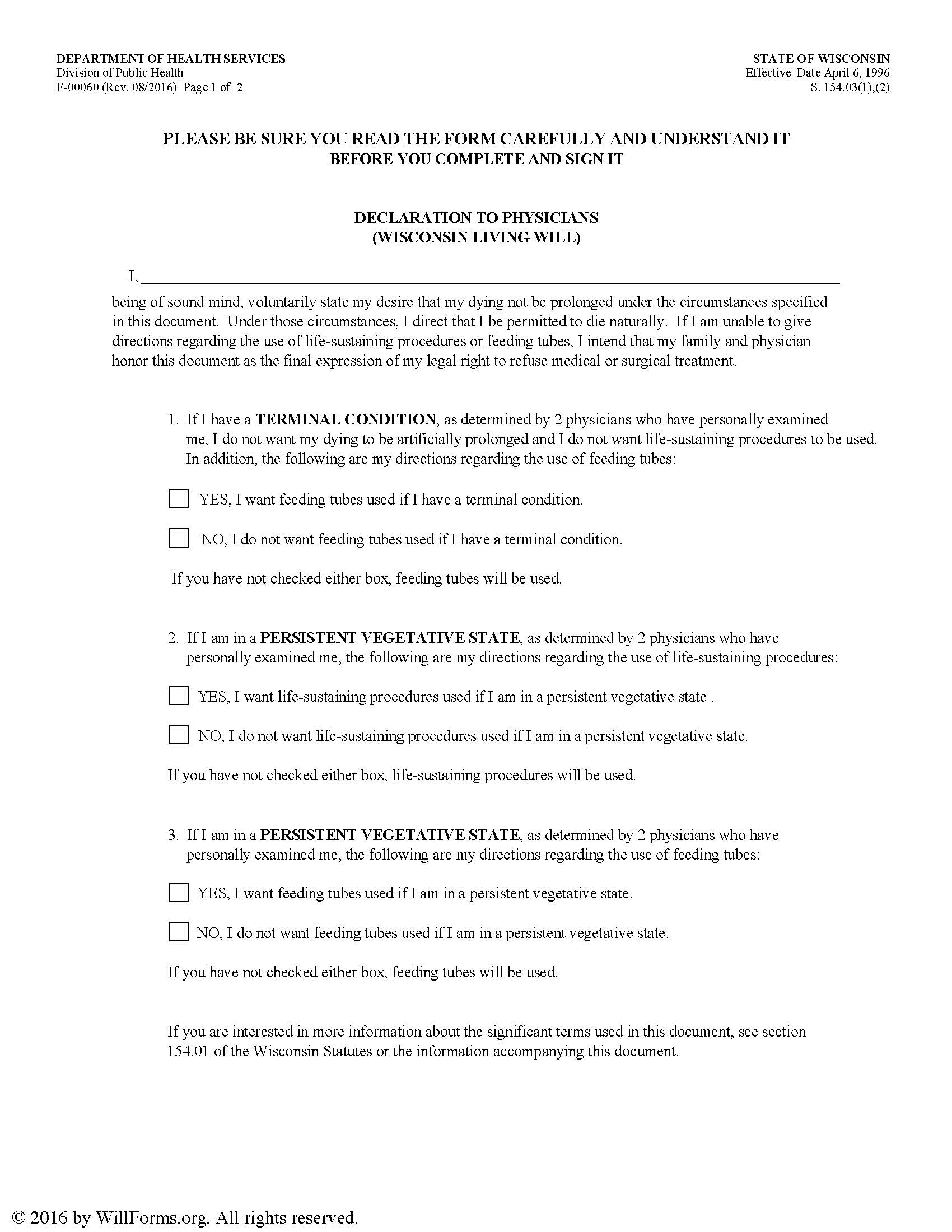 Living Will Forms Free Printable Wisconsin